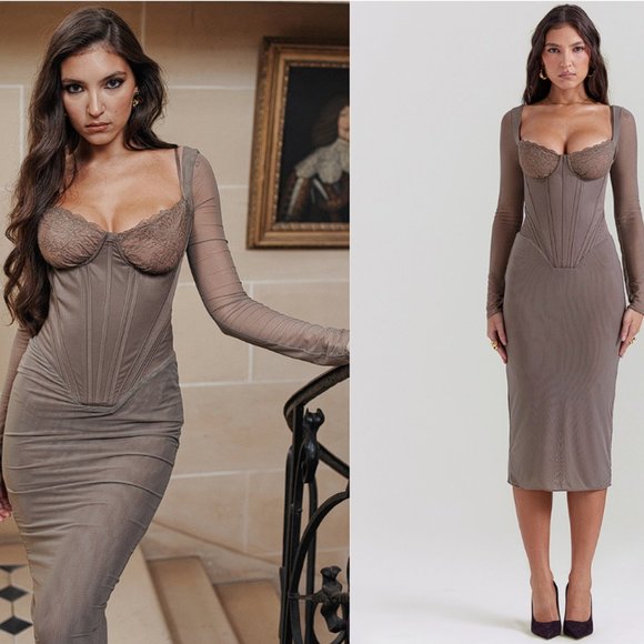 House of CB ‘Safran’ Mocha Corset Midi Dress NWOT - Picture 3 of 4
